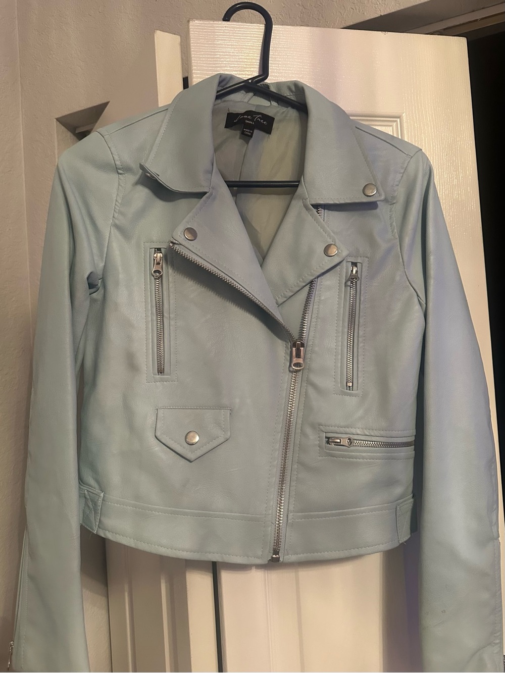 Love Tree Light Blue Faux Leather Moto Jacket